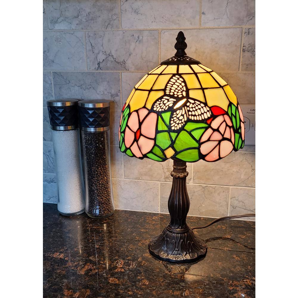 Tiffany Style Floral Stained Glass Mini Table Lamp with Bronze Base