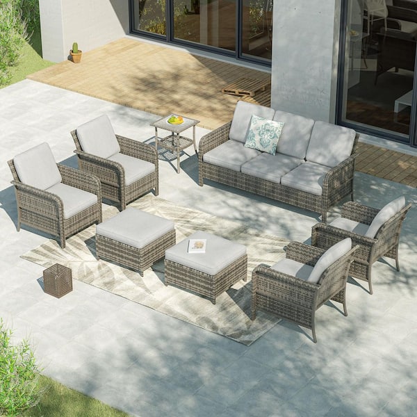 8-Piecess Patio Conversation Set Wide Armrests Patio Sofa with Side Table Set Gray Wicker with Linen Gray Cushion
