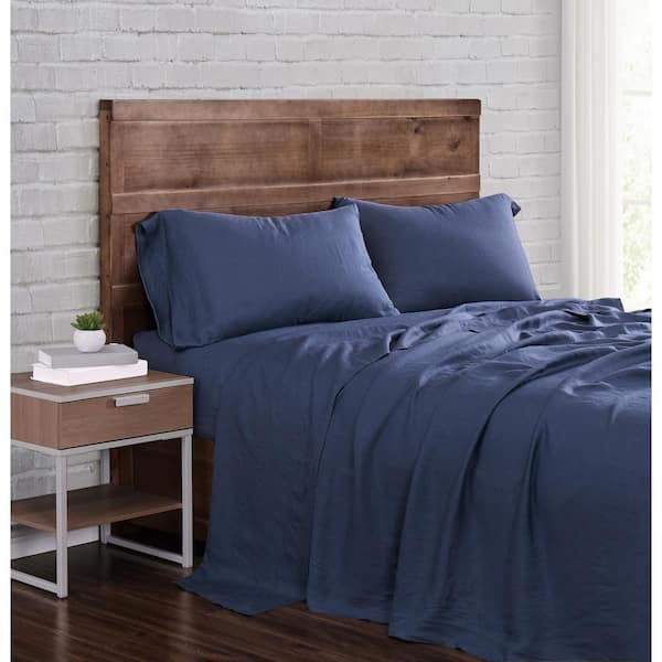 Brooklyn Loom Flax Linen 4-Piece Navy Solid 300 Thread Count Queen Sheet Set