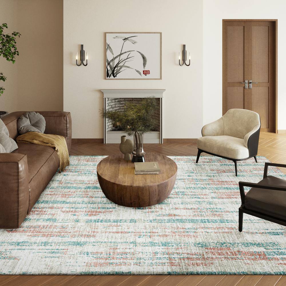 Ivory and Teal Flat Woven Chenille 5' x 7' Area Rug