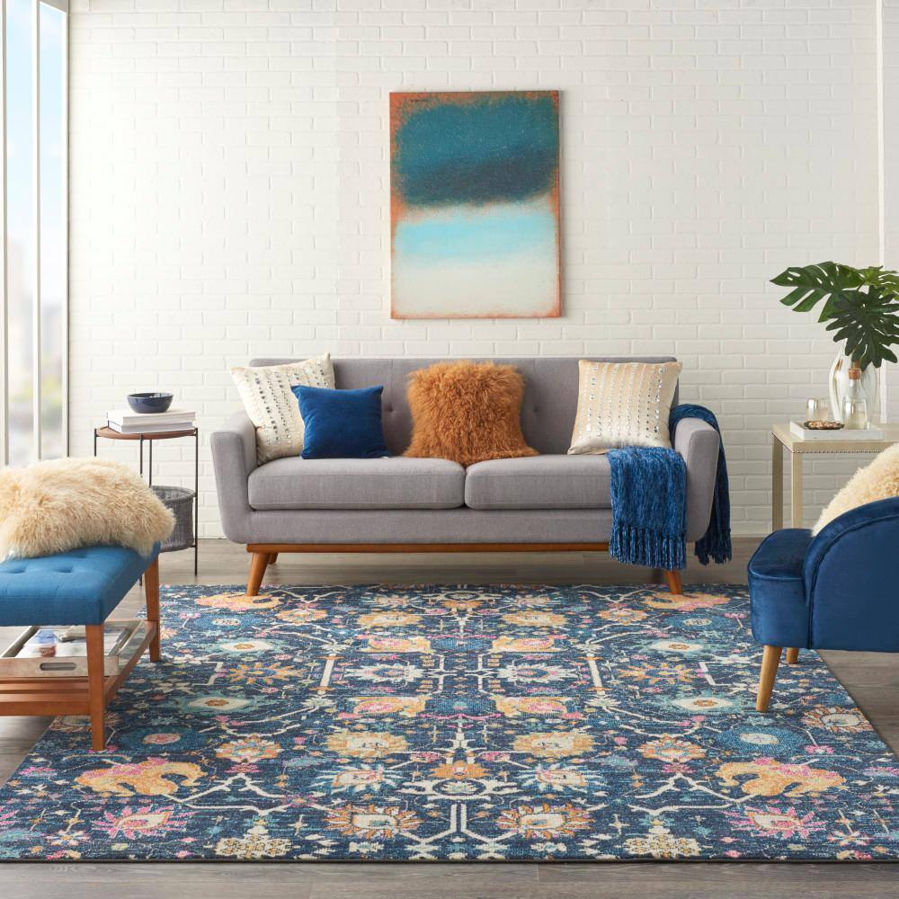 Navy Bliss Floral Synthetic 8' x 10' Handmade Reversible Rug