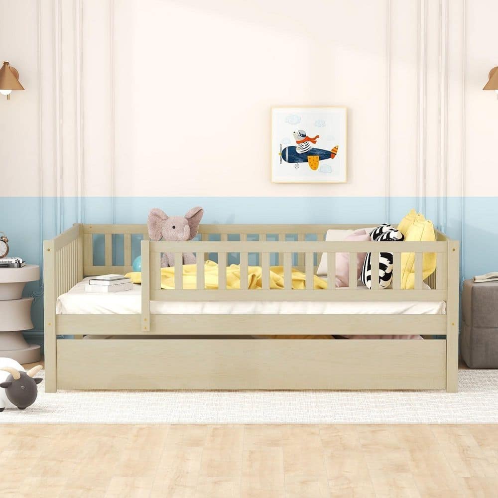 NaturalYellow Pine Wood Frame Full Platform Bed with Trundle and Fence Guardrails price history on PriceWatchPro