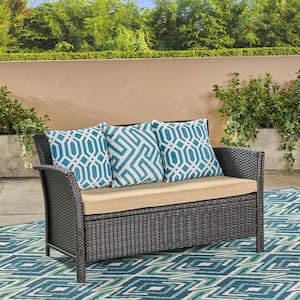 St. Lucia Brown Wicker Outdoor Loveseat with Tan Cushions