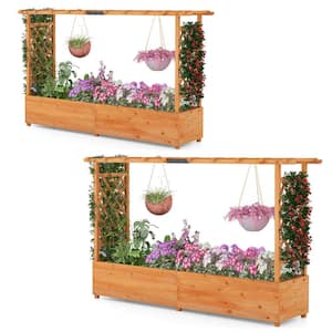 Natural Wood Raised Garden Bed with Trellis Elevated and Hanging Roof for Climbing Plants Flowers Vegetables(2-Pack)