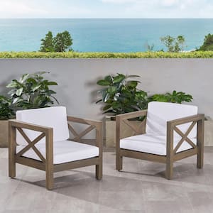Brava Grey Removable Cushions Wood Outdoor Lounge Chair with White Cushion (2-Pack)