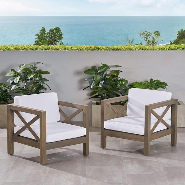 Noble House Brava Grey Removable Cushions Wood Outdoor Lounge Chair with White Cushion (2-Pack)