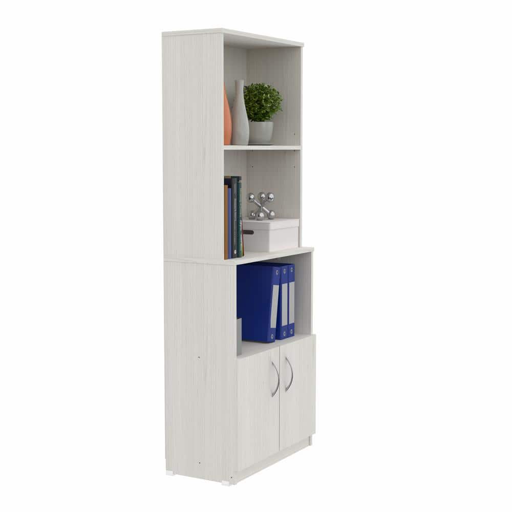 White Oak Adjustable Bookshelf with Cabinet and Metal Handles