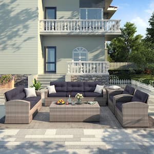 6-Piece Wicker Outdoor Patio Sectional Conversation Seating Set with Navy Blue Cushions