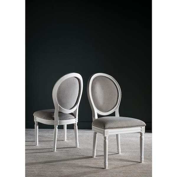Holloway Light Gray/Cream 19 in. H French Brasserie Linen Oval Side Chair with Silver Nail Heads