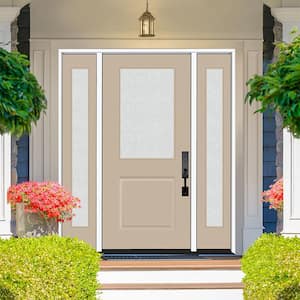 Legacy 64 in. x 80 in. 1/2 Lite Rain Glass RHOS Primed Sandstone Finish Fiberglass Prehung Front Door w/Dbl 12 in. SL