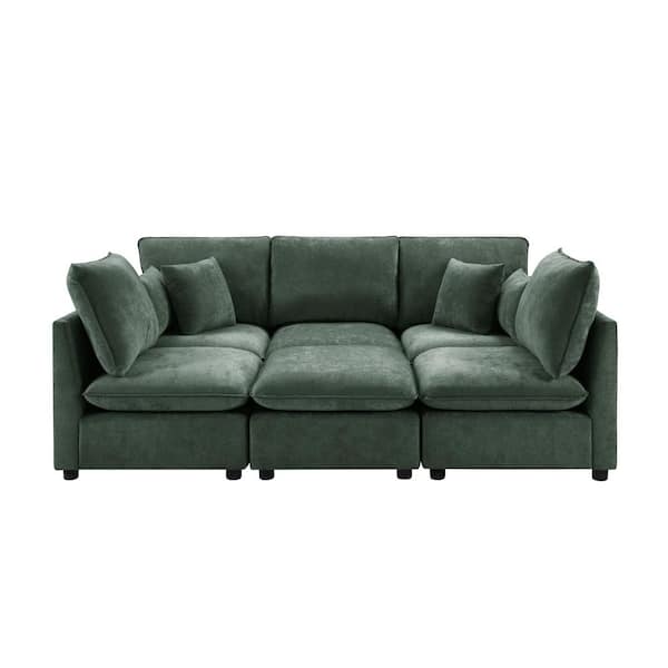 93.7 in. Modular Square Arm Chenille with a Movable Ottoman, Storage Armrests and USB Ports Sectional Sofa in Green