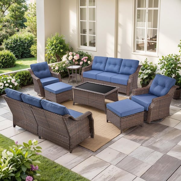 Modern Farmhouse 8-Piece Brown Wicker Patio Conversation Set with 6 In. Blue Cushions/3-Seat Sofa with Swivel Chairs