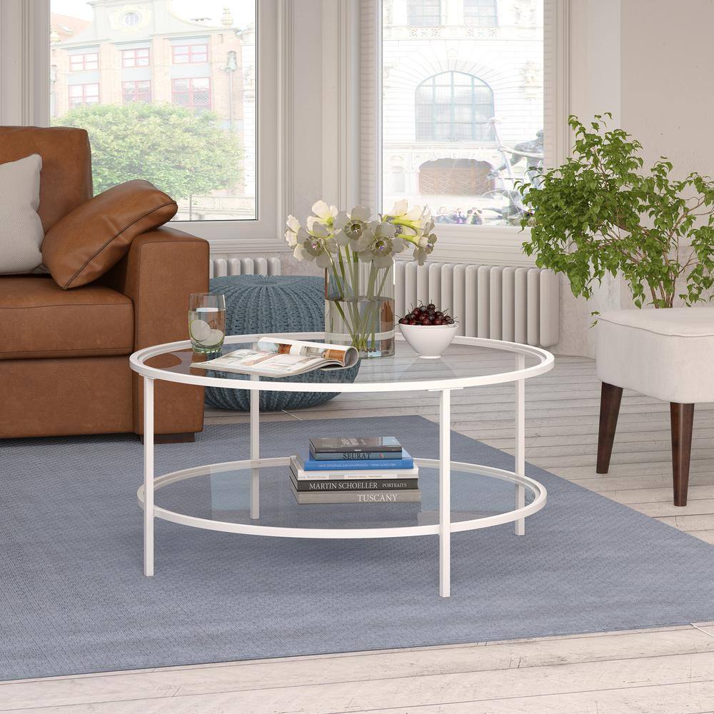 White Round Glass Coffee Table with Shelf