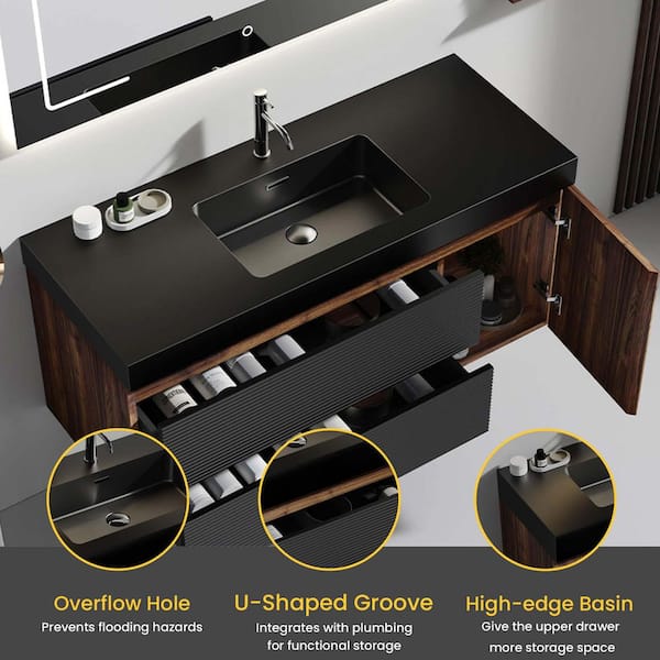Ziyudura 48 in. Single Sink Floating Walnut Bath Vanity with Black