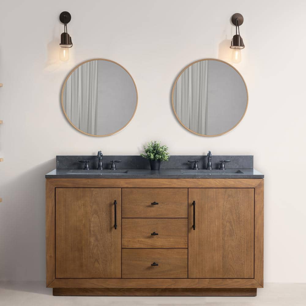 60" Tan Double Sink Bathroom Vanity with Black Limestone Top