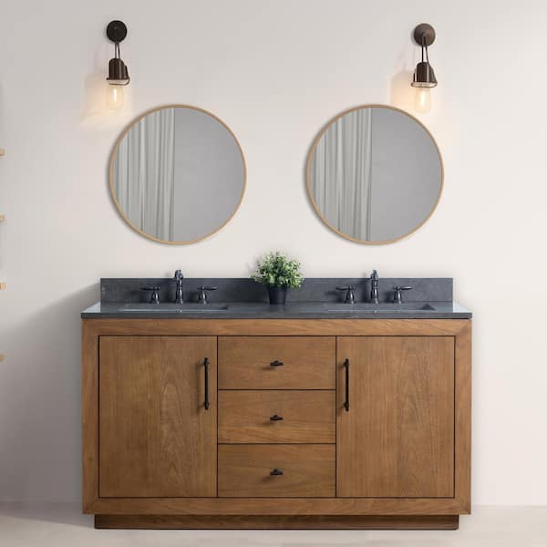 Vanity Art 60 in. W x 22 in. D x 38 in. H Double Sink Bathroom Vanity in Tan with Black Limestone Top