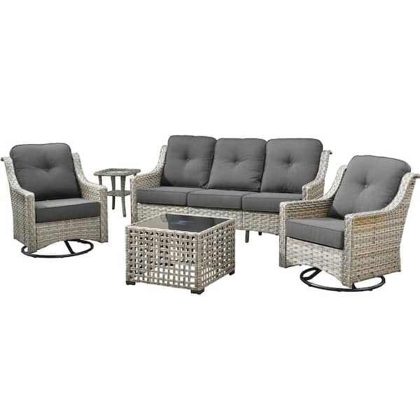 Blanche 5-Piece Wicker Patio Conversation Seating Sofa Set with Black Cushions and Swivel Rocking Chairs