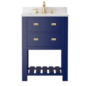 24 in. W x 19 in. D x 36.6 in. H Single Sink Fully Assembled Freestanding Bath Vanity in Blue with White Marble Top