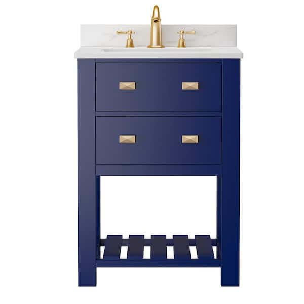 FAMYYT 24 in. W x 19 in. D x 36.6 in. H Single Sink Fully Assembled Freestanding Bath Vanity in Blue with White Marble Top
