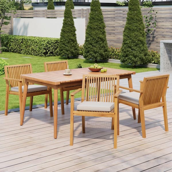 Foresthill Rustic Patio Natural and Teak Finish 5-Piece Solid Wood Rectangle Outdoor Dining Set with Beige Cushions
