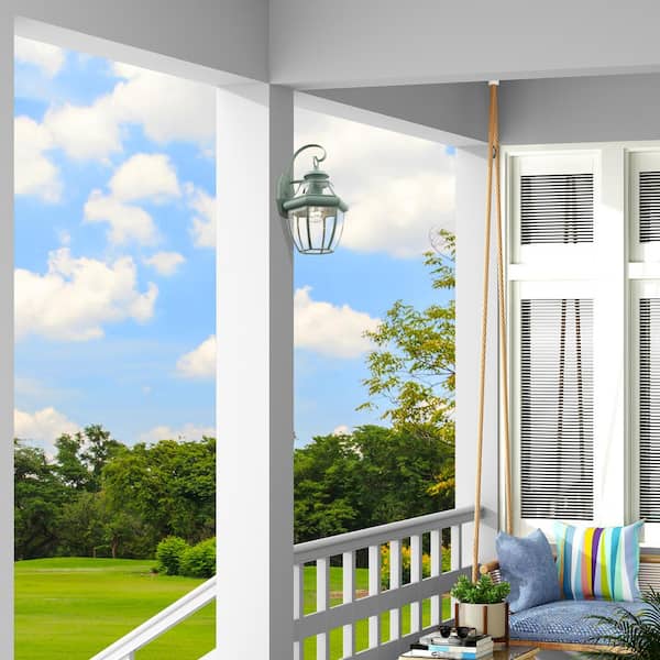 Aston 14 in. 1-Light Verdigris Outdoor Hardwired Wall Lantern Sconce with No Bulbs Included