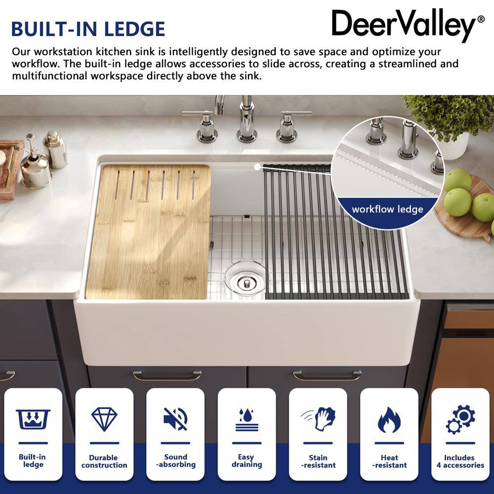 33"L x 20"W Farmhouse Kitchen Sink Deep Single Bowl Fireclay Workstation Sink with Cutting Board and Dish Drying Rack