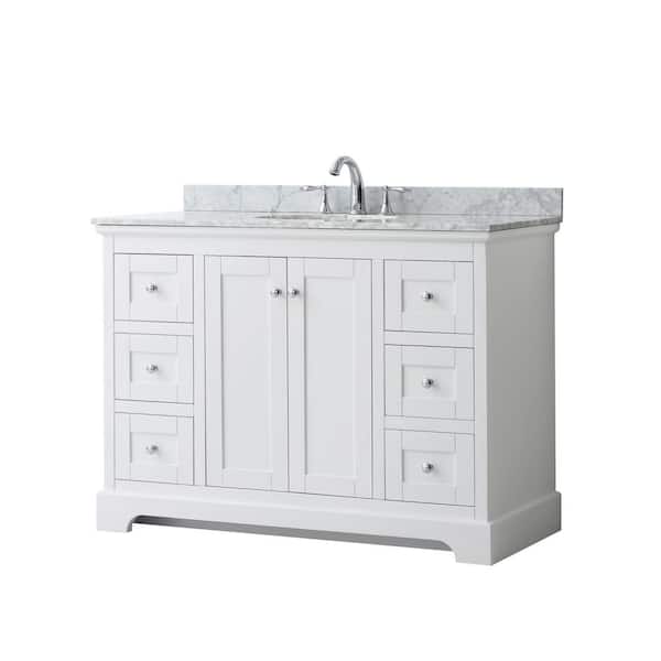 Wyndham Collection Avery 48 in. W x 22 in. D Bathroom Vanity in White with Marble Vanity Top in White Carrara with White Basin