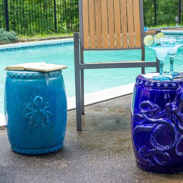 Grotto Aqua Kraken Ceramic Barrel Stool 32039 - The Home Depot