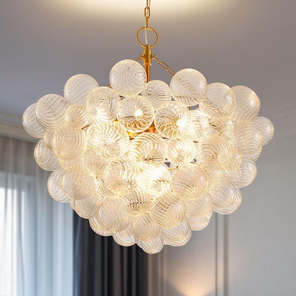 8 Light Gold Handmade Glass Bubble Ball Cluster Globe Chandelier with LED Bulb Included