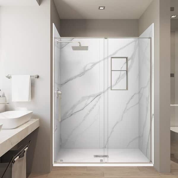 Calcutta White 32x60x 84in. Combo Solid Composite Stone Alcove Shower Kit Matching Brushed Nickel Door, Niche, and Drain