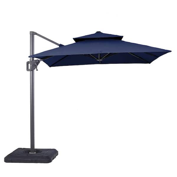2pc Vries 8 ft. Steel Cantilever Crank Tilt And 360 Square Patio Umbrella in Blue With Base