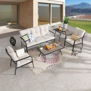 5-Piece Metal Outdoor Patio Conversation Set with Beige Cushions