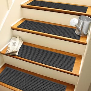 Waterhog Squares 8.5 in. x 30 in. PET Polyester Indoor Outdoor Stair Tread Cover (Set of 4) Charcoal