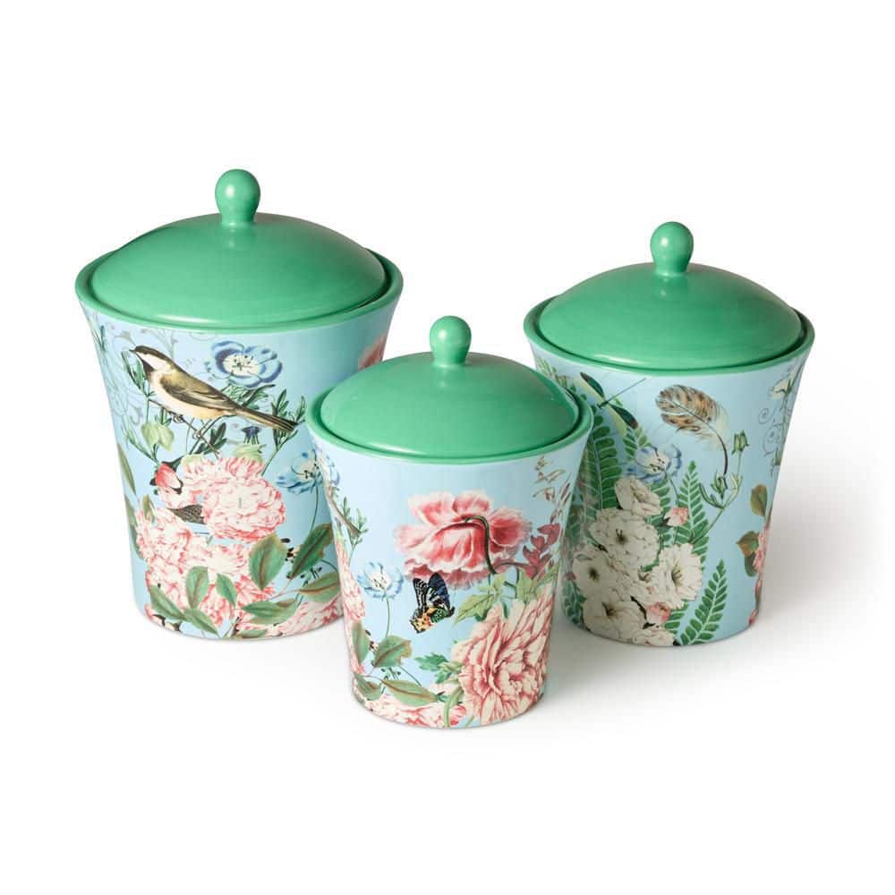 Flora Green Ceramic Canister Set with Butterfly Design, 3-Piece