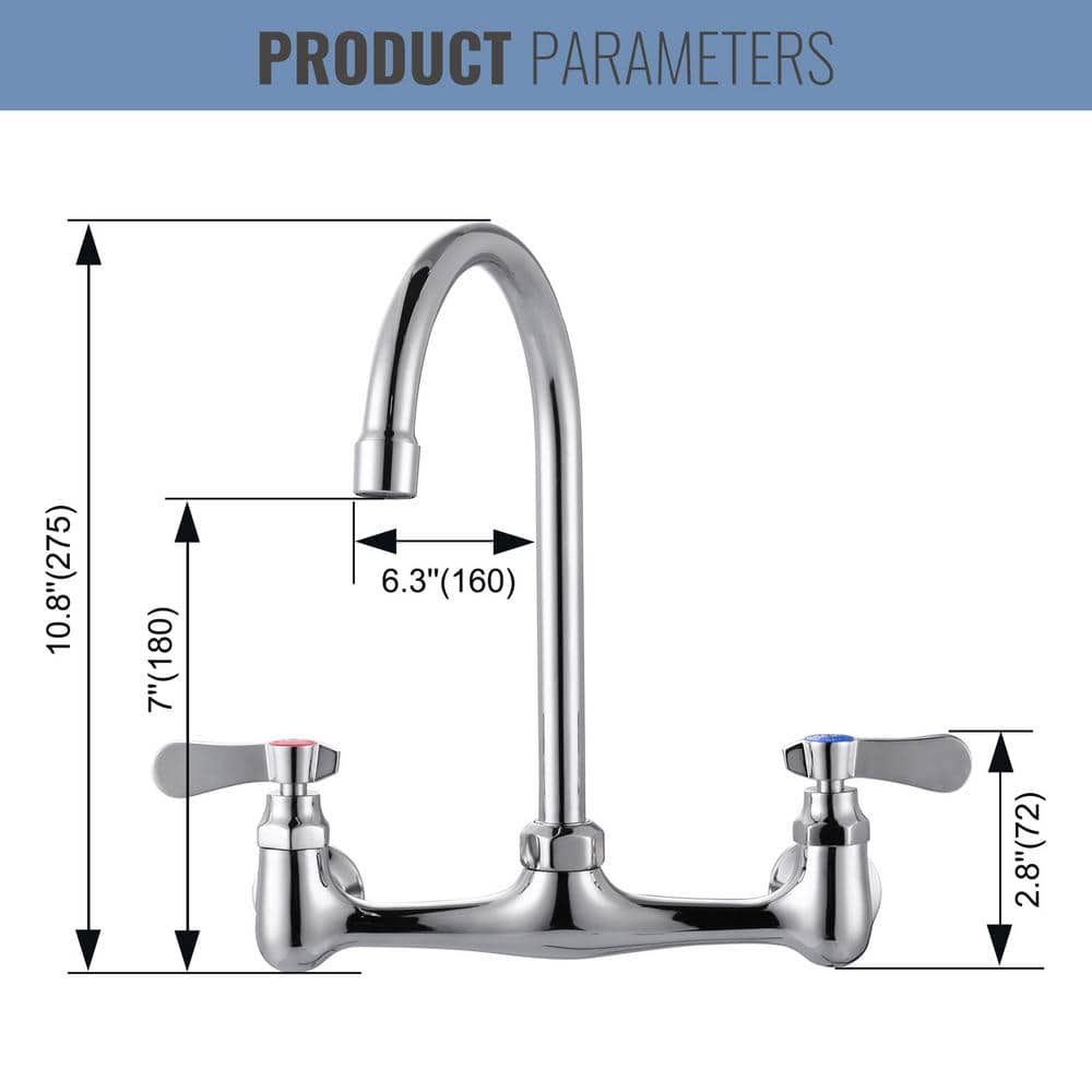 Polished Chrome Wall Mount Double Handle Kitchen Faucet