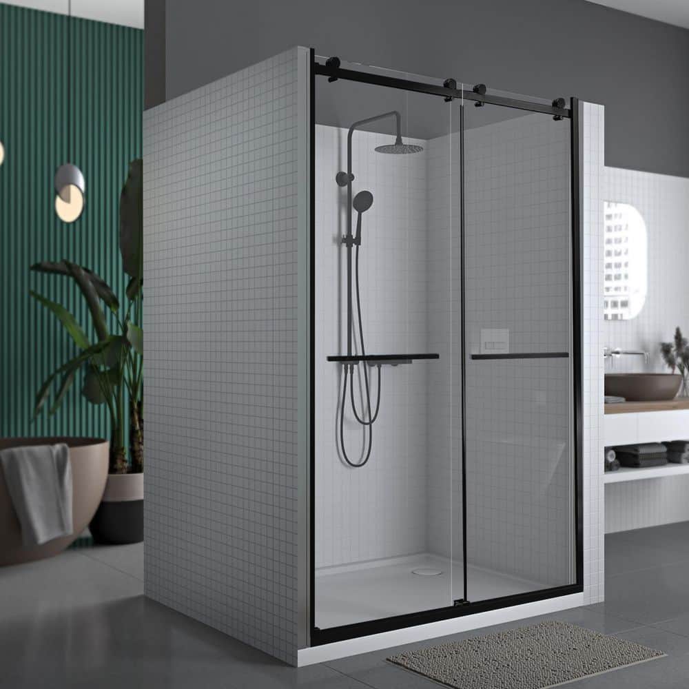 Matte Black Frameless Double Sliding Shower Door with Clear Tempered Glass