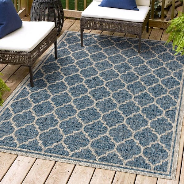 Trebol Moroccan Trellis Textured Weave Navy/Gray 9 ft. x 12 ft. Indoor/Outdoor Area Rug