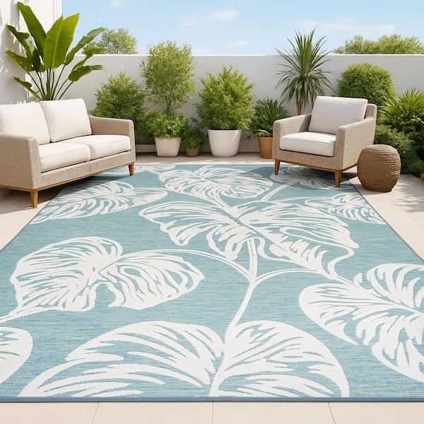Tobago Blue/Ivory 8 ft. x 10 ft. High-Low 2-Tone Monstera Leaf Indoor/Outdoor Area Rug
