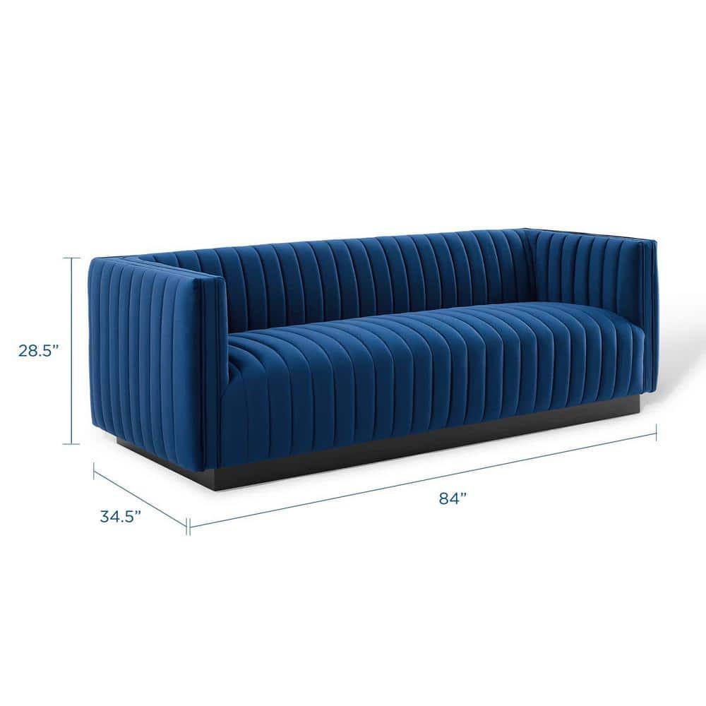 Elegant Navy Velvet Tufted Tuxedo Sofa with Solid Wood Base