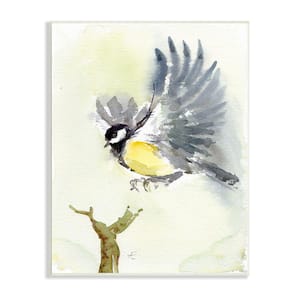 "Yellow Belly Bird Wings over Tree Branch" by Verbrugge Watercolor Unframed Animal Wood Wall Art Print 13 in. x 19 in.
