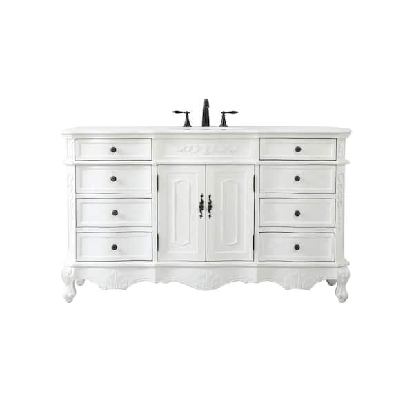 Unbranded Simply Living 60 in. W x 21 in. D x 36 in. H Single Sink Bath Vanity in Antique White with Ivory White Engineered Marble