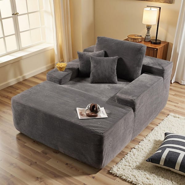 Allwex JOJO 67 in. Wide Square Arm Corduroy Modern Rectangle Lazy Sofa Chaise Lounge Couch with Pillows in Gray for Living Room
