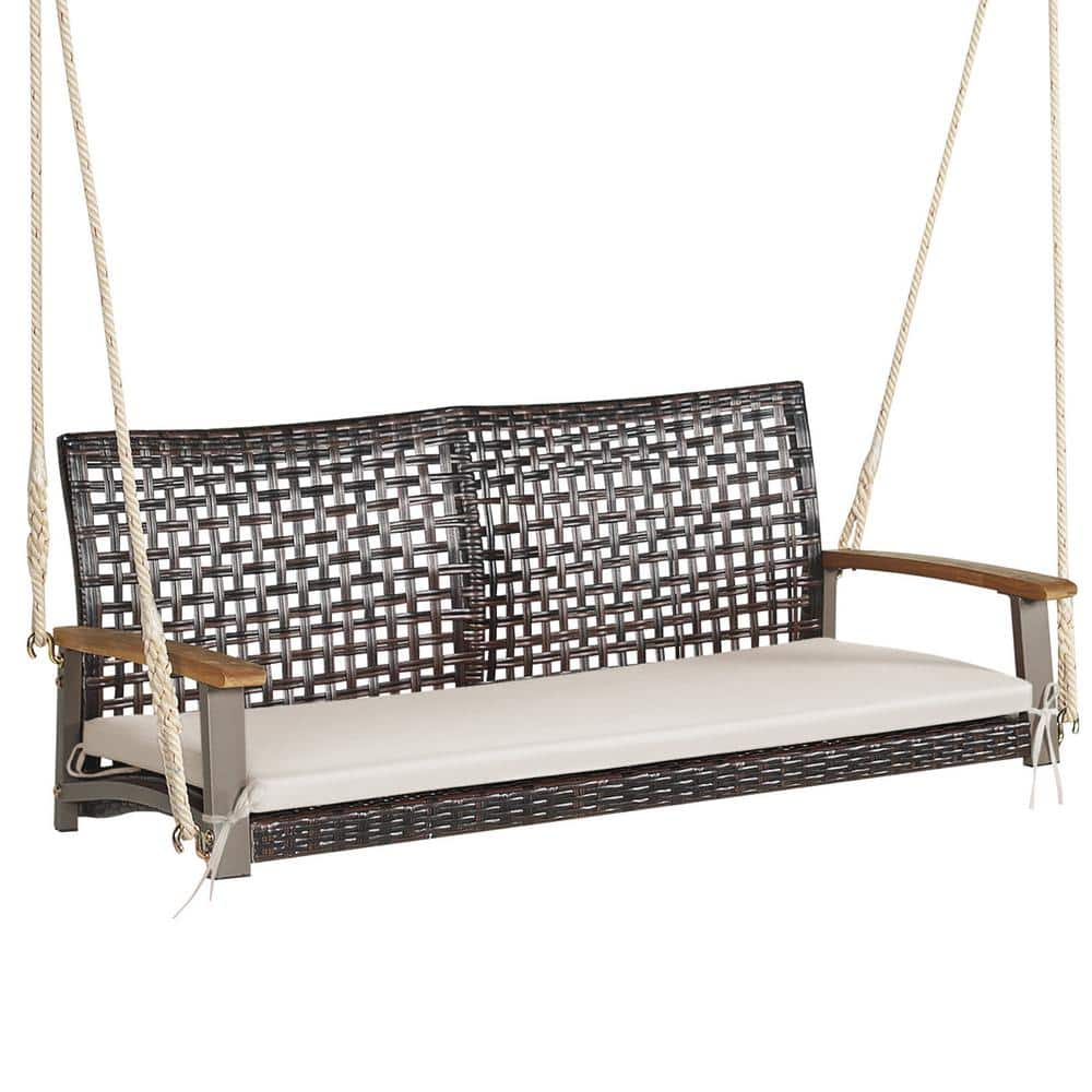 Gymax 2-Seat Rattan Porch Swing Chair Outdoor Wicker Swing Bench w/Seat ...