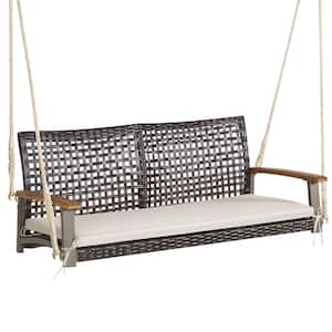 2-Seat Rattan Porch Swing Chair Outdoor Wicker Swing Bench w/Seat Cushion Off White