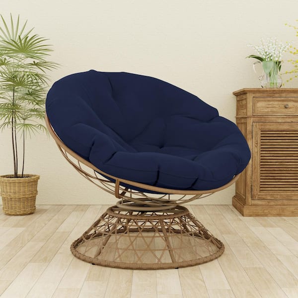 Brown Wicker Outdoor Patio Papasan Swivel Lounge Chair with Blue Cushion