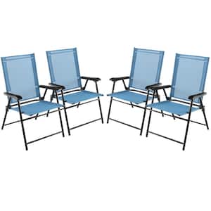 Fabric Blue Patio Folding Chairs Outdoor Portable Pack Lawn Chairs with Armrests (Set of 4)