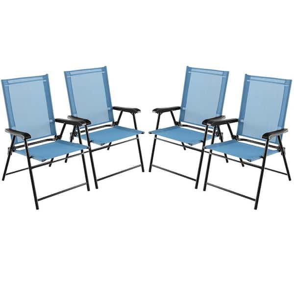 Gymax Fabric Blue Patio Folding Chairs Outdoor Portable Pack Lawn Chairs with Armrests (Set of 4)