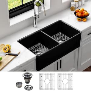 33 in. Farmhouse/Apron-Front Double Bowl Black Fireclay Kitchen Sink Workstation Kitchen Sink with Bottom Grid