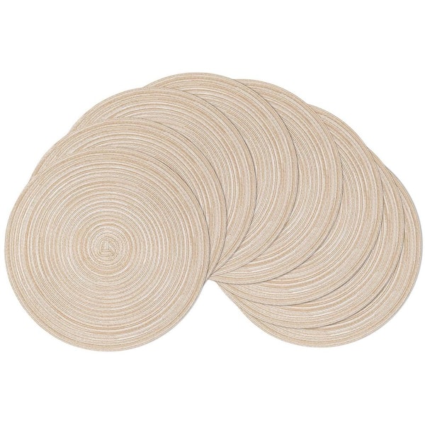 Angel Sar 15 in. Round Beige Washable Cotton Braided Placemats for Kitchen Dining Table (Set of 8)