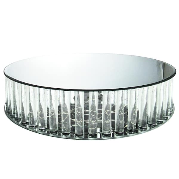1-Tier Clear Round Mirror LED Fairy Light Up Glass Columns Cake Stand Dessert Display Tray 16 in.